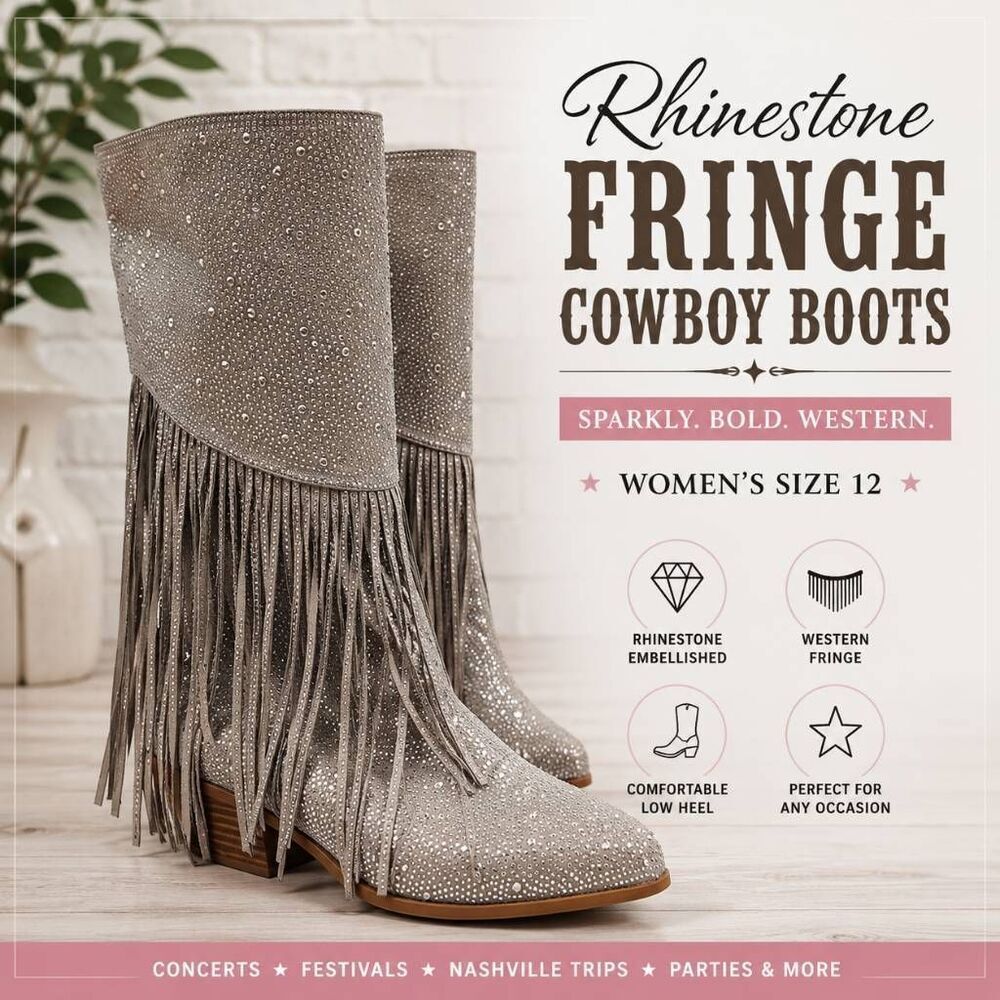 Rhinestone Fringe Western Cowboy Boots Women's Size 12 Sparkly Mid Calf Silver